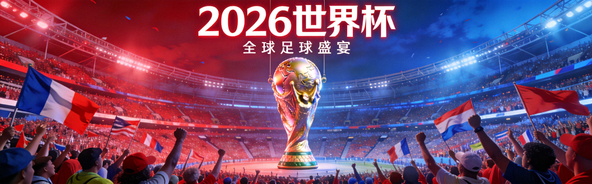 2026世界杯官方宣传横幅，体育场内座无虚席，球迷欢呼，中央是巨大的世界杯奖杯